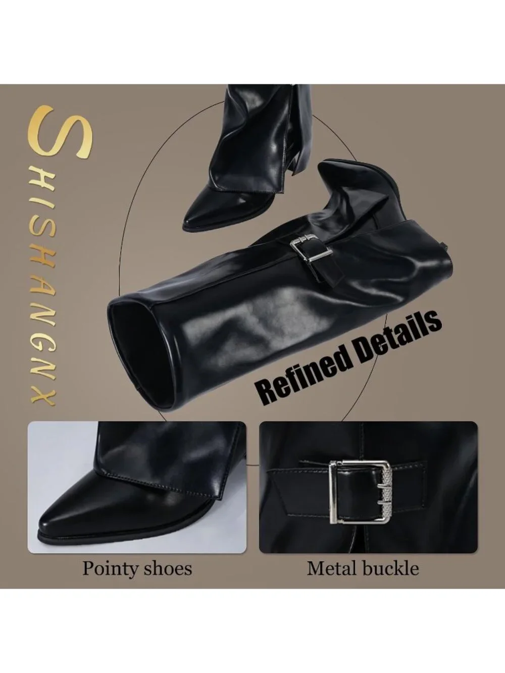 Women's Black Out Fold Over Shark Buckle Kitten Heels Wide Calf Knee High Boots